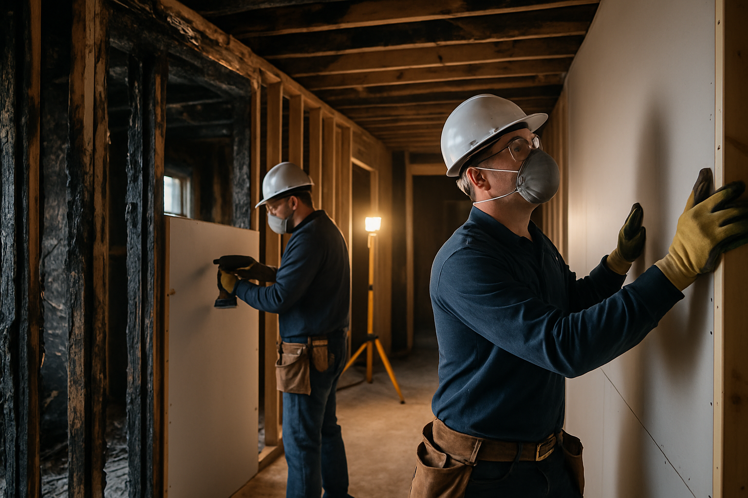 Fire damage restoration crew rebuilding home interior — Phase III Construction