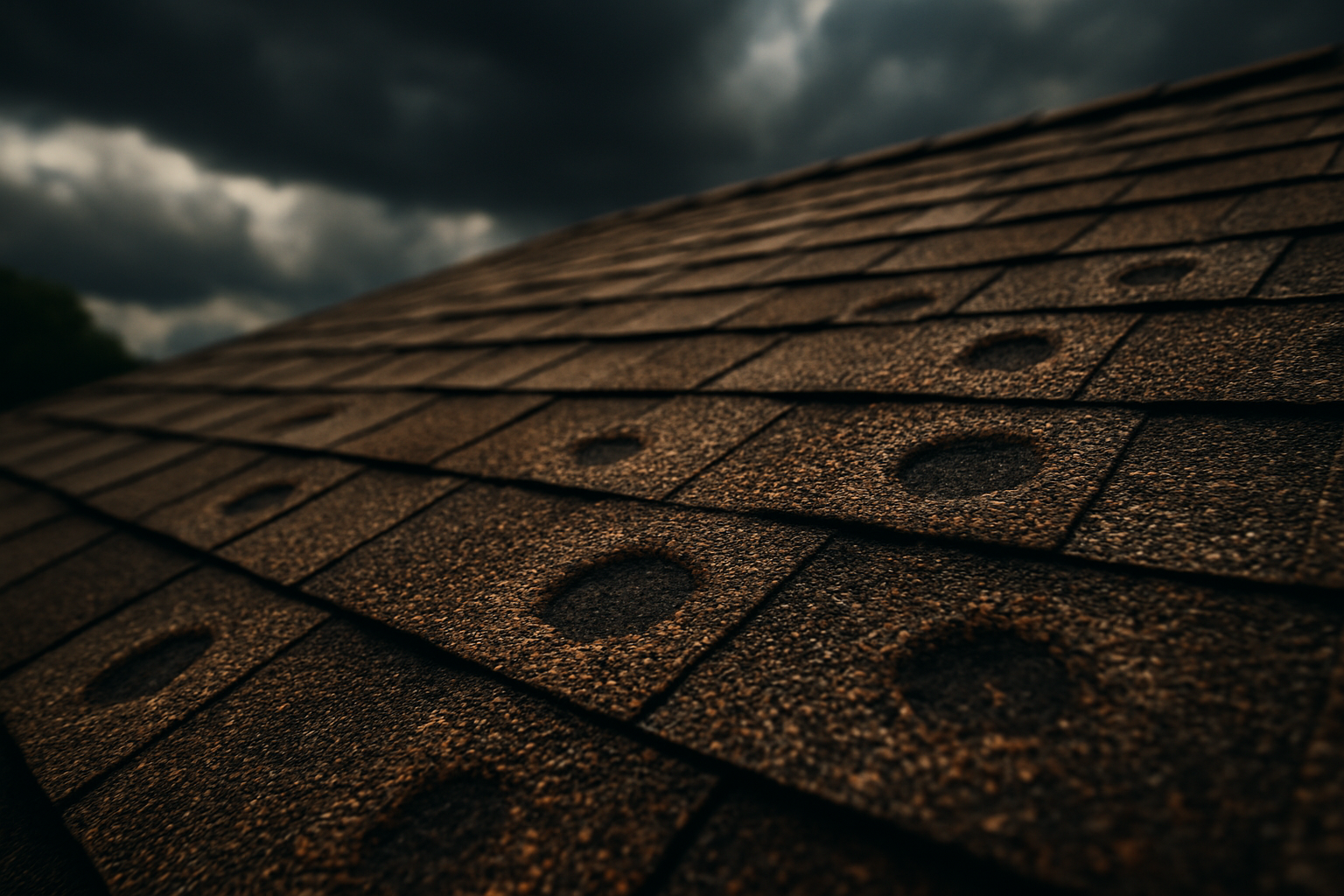 Close-up of asphalt shingles showing circular hail impact craters and granule loss