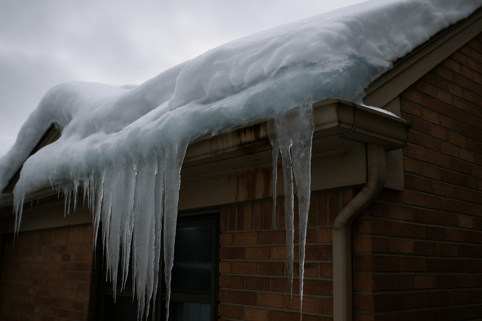 Massive ice dam formation with icicles and water damage on a residential roof edge in winter