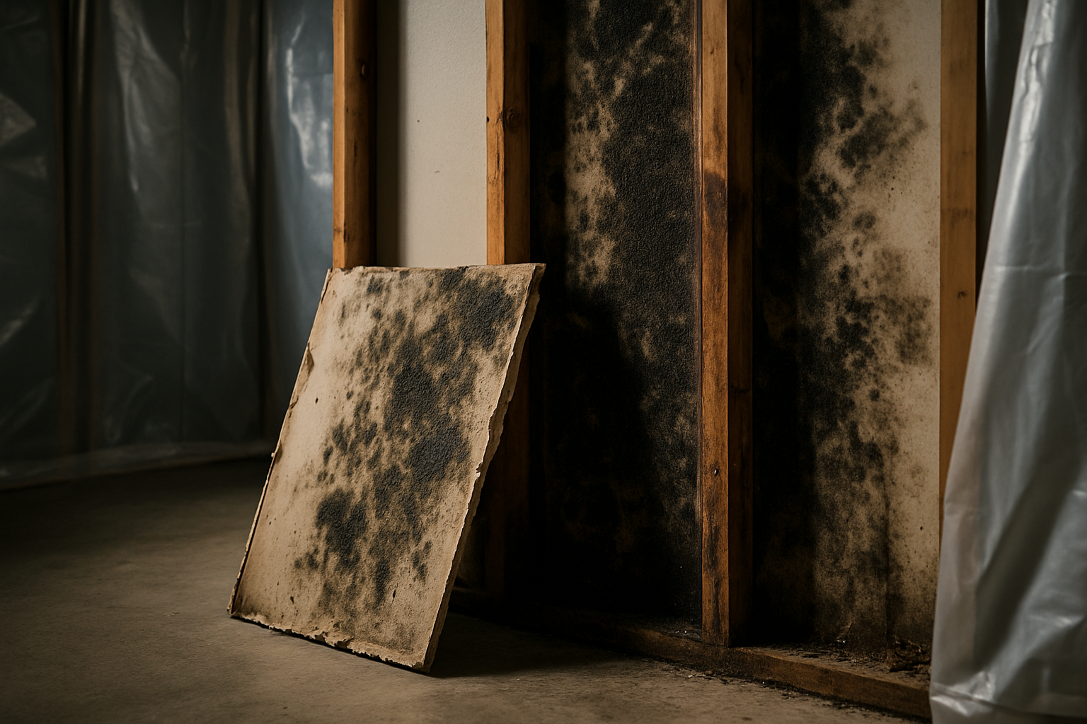 Exposed drywall cavity revealing black mold growth on wood framing behind the wall