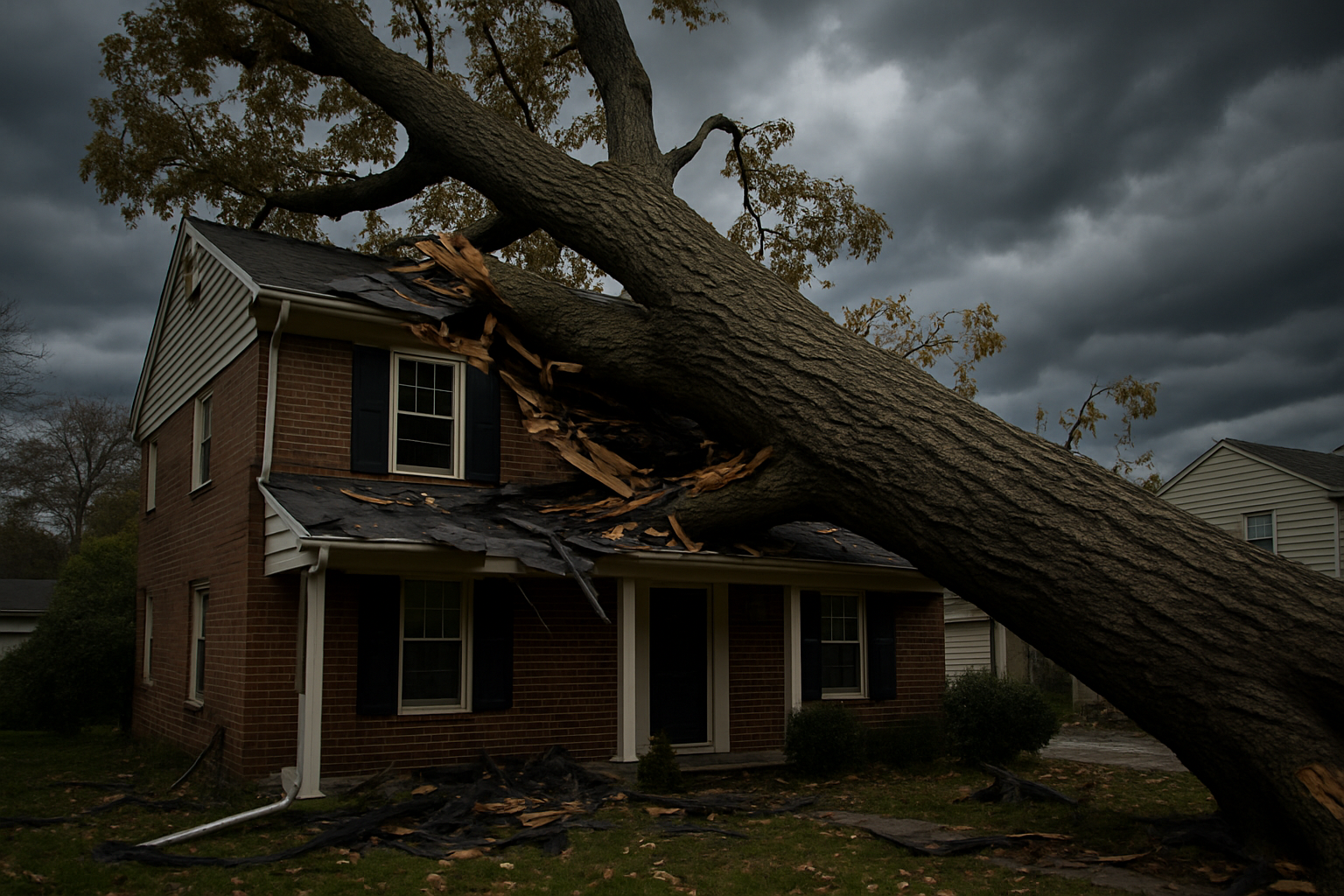 Wind damage — fallen tree on Michigan home roof — Phase III Construction
