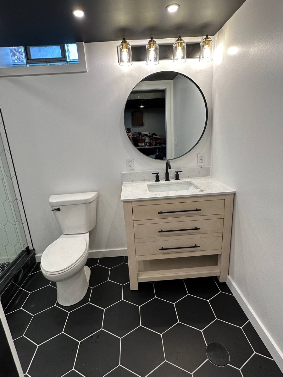 Finished bathroom - black hex tile